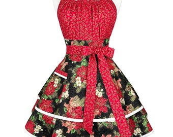 Womens Poinsettia Christmas Apron – Custom Embroidered Hostess Gift
