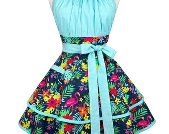 Blue Flamingo Print Apron – Retro Kitchen Hostess Apron, USA Made