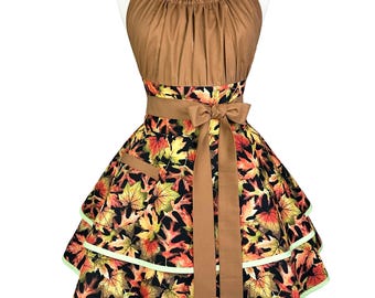 Fall Leaves Apron – Retro Kitchen Apron with Pockets, Embroidered Gift