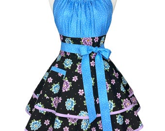 Blue Floral Retro Apron – Custom Embroidered Ruffled Kitchen Apron