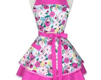 Pink Floral Retro Apron: Custom Embroidered Vintage Kitchen Gift