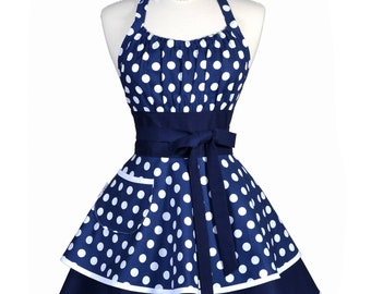 Navy Blue Womens Sexy Retro Pinup Apron - Personalized Gift for Wife - Custom Monogram - Cute & Frilly Polka Dot Baking Apron