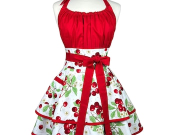 Womens Cherry Apron - Custom Personalized Sexy Apron for Baking - Mothers Day Gift for Wife - Cute Retro Apron for Cooking - Mom Gift
