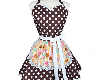 Womens Retro Apron - Brown Polka Dot, Lace Trim, Custom Embroidered Gift
