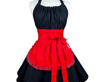 Sexy Black Lace Personalized Aprons for Women - Custom Embroidered Cooking Gift for Girlfriend, Wife - Frilly Pinup Apron with Flirty Skirts