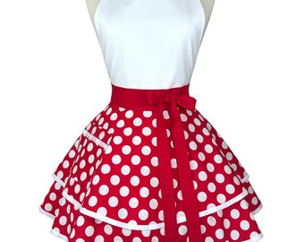 Red Polka Dot Retro Apron: Ruffled Lace, Custom Embroidered Gift
