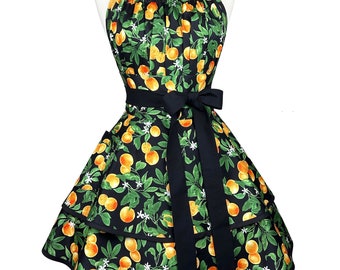 Retro Orange Print Apron – Custom Embroidered Gift, Handmade Cotton