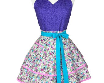 Purple Floral Coquette Apron – Sweetheart Kitchen Apron, Personalized Embroidered Gift