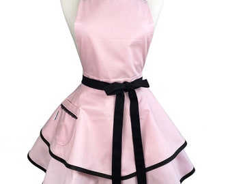 Pink Frilly Apron with Black Lace Trim – Retro Baking Kitchenwear
