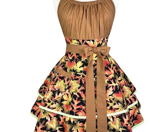 Fall Leaves Apron – Retro Kitchen Apron with Pockets, Embroidered Gift