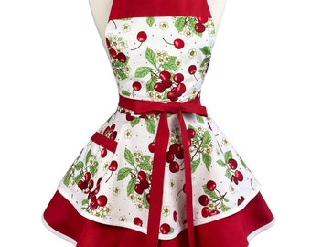 Grembiule Cherry - Grembiule da donna in stile retrò con tasche, regalo personalizzato