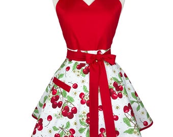 Cherry Print Apron - Red Pinup Retro Sweetheart Apron, Custom Embroidered