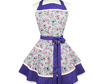Retro Floral Kitchen Apron – Purple Vintage Style, Custom Embroidered
