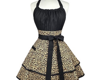 Womens Sexy Black Leopard Apron - Personalized Gift for Girlfriend, Wife - Retro Pinup Apron with Frilly, Flirty Skirts - Custom Monogram