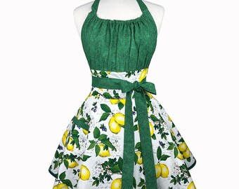 Lemon Retro Aprons for Women - Personalized Mothers Day Gift for Wife - Cute Apron with Pockets - Custom Embroidered Sexy Apron