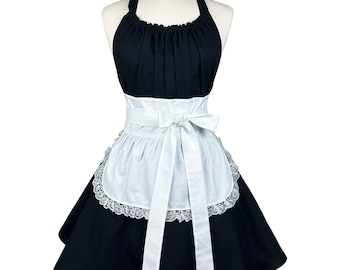 Sexy French Maid Apron for Women - Personalized Gift for Girlfriend, Wife - Custom Black Lace Pinup Flirty Apron with Pockets