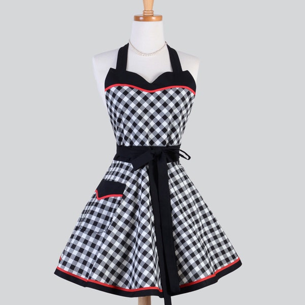 Sweetheart Retro Apron / Cute Womens Retro Apron Black and White Bias Check 1950 Diner Styling