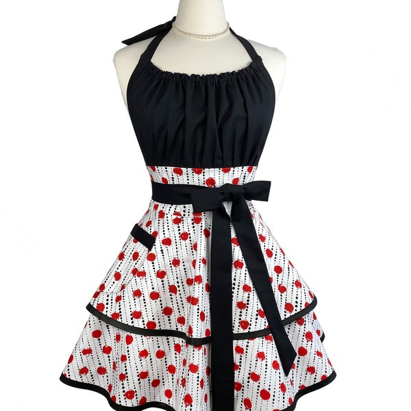 Red Black Sexy Apron for Women - Personalized Gift for Wife, Girlfriend - Custom Cute Retro Apron with Frilly & Flirty Skirts for Cooking