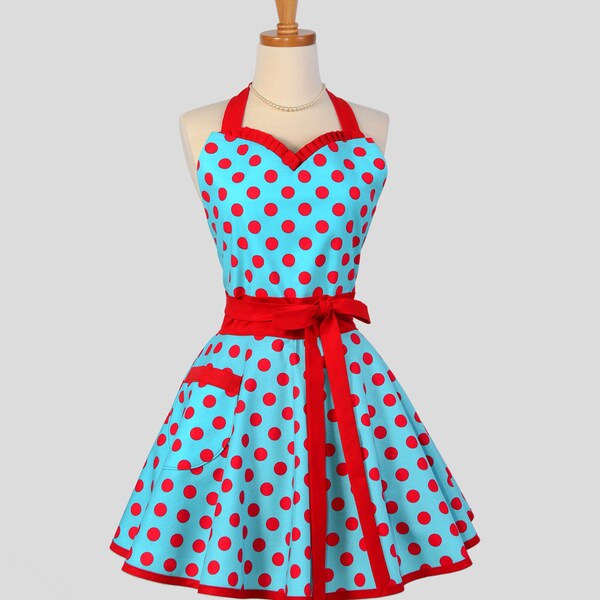 Sweetheart Retro Apron - Handmade Sexy Flirty Womens Apron in Teal and Red Pin-up Dots Full Kitchen Apron