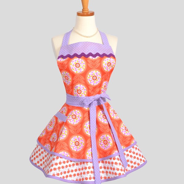 Apron Ruffled Retro Apron - Sexy Apron Orange Lavender Bicycles and Flowers Cute Apron Kitchen Apron Vintage Apron Personalize or Monogram