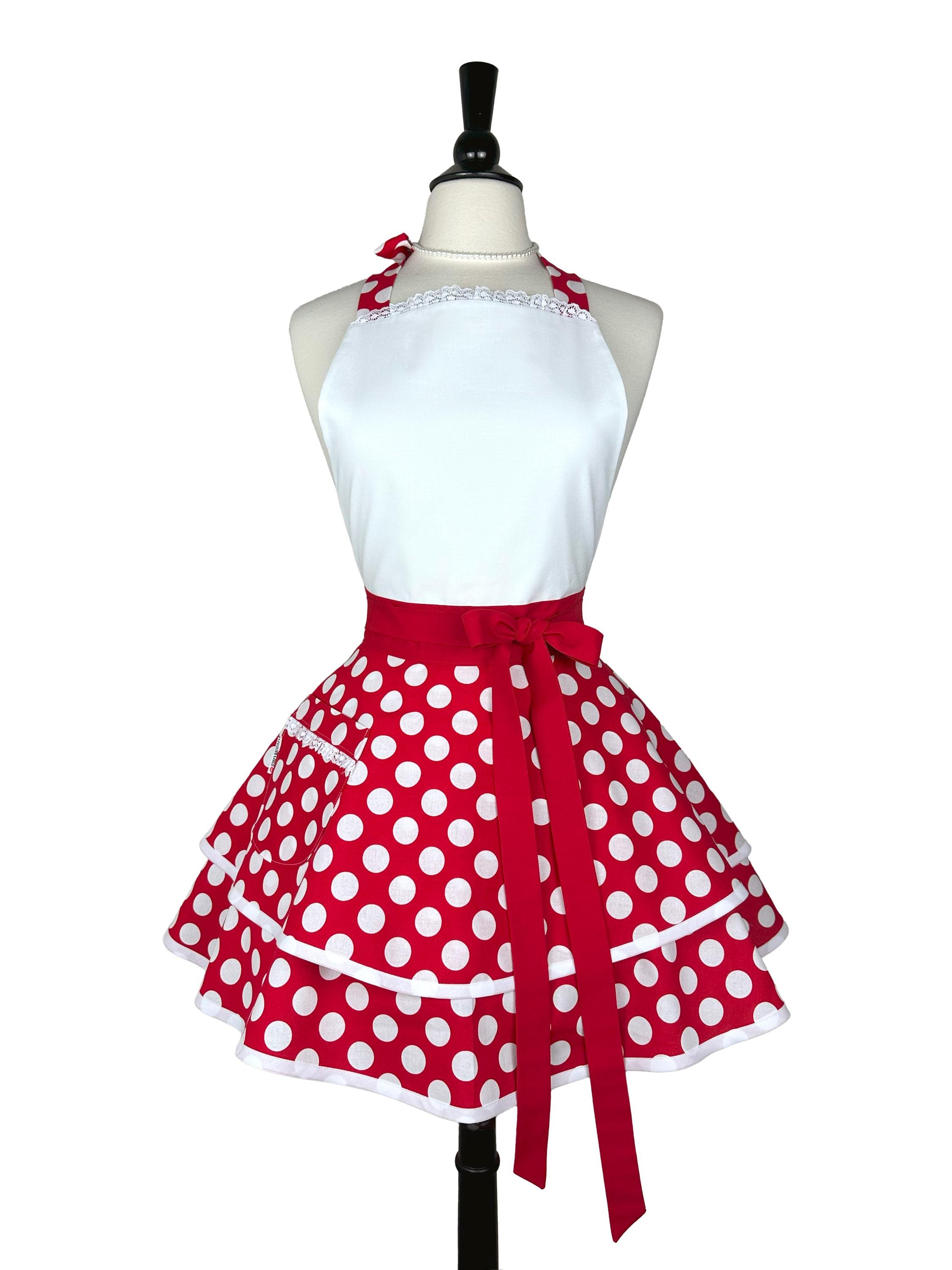 Coquette Red Polka Dot Apron - Ruffled Lace Retro Kitchen Apron, Custom Embroidered Gift