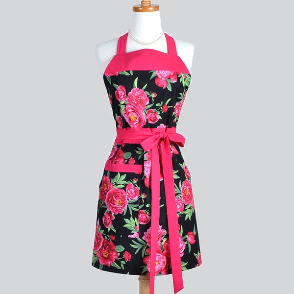 Classic Bib Apron - Pink and Black Floral Womens Kitchen Apron Ideal to Personalize or Monogram