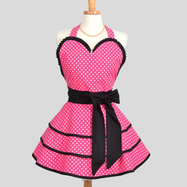 Sexy Retro Pinup Apron : Handmade Cute and Sexy Ruffled Pink with Small White Dots and Black Kona Trimmed
