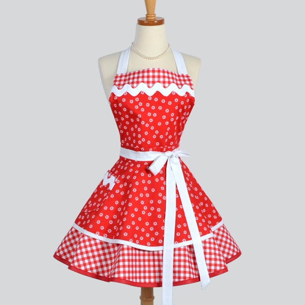 Ruffled Retro Apron - Cute Pinup Womens Apron in Christmas Red and White Daisies and Gingham Full Kitchen Apron Personalize or Monogram