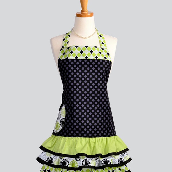 Ruffled Retro Apron . Flirty Full Womens Handmade Apron Michael Millers Black TaDot and Lime GreenRuffled Vintage Style Skirt