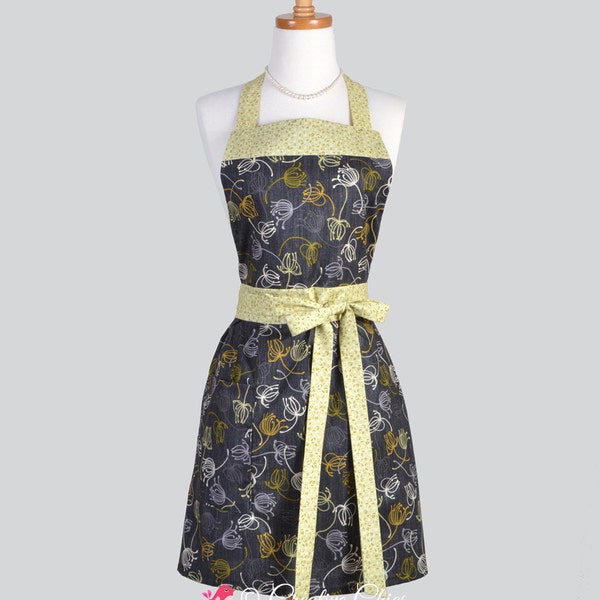 Full Bib Womens Apron - Classic Vintage Apron in Modern Noir in Black and Citron Dandelion Full Kitchen Apron Personalize or Monogram