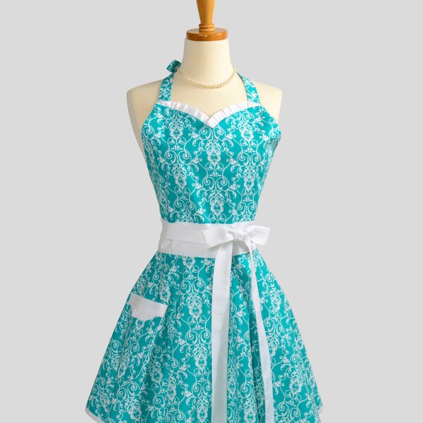 Womens Sweetheart Hostess Apron . Feminine Retro Ruffled Sweetheart Neckline Teal Damask and White