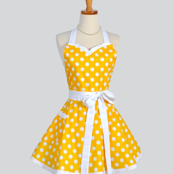Sweetheart Retro Apron / Handmade Womens Full Kitchen Apron in Yellow and White Large Polka Dot