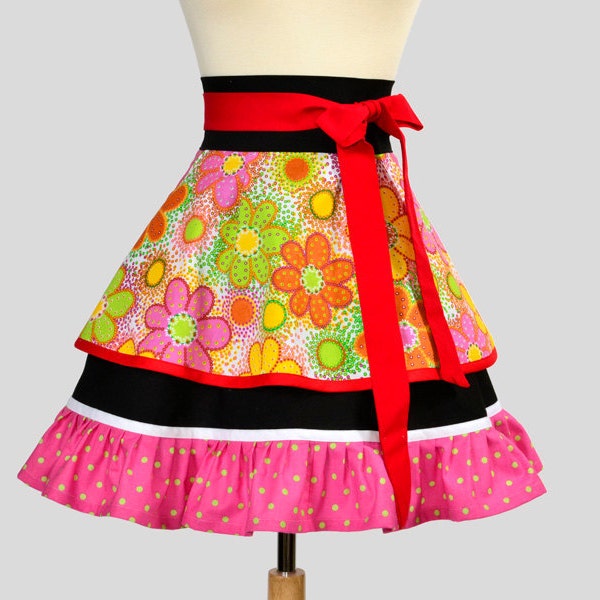 SALE 25% OFF Retro Womens Half Apron : Flirty Half Apron in Bold Rainbow Floral and Black Color with Pink and Green Small Dot Ruffle