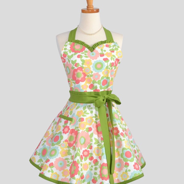 20% Off MOTHERS DAY SALE Sweetheart Retro Apron / Cute Kitchen Full Retro Womens Apron in Pastel Floral and Peridot Green Trim