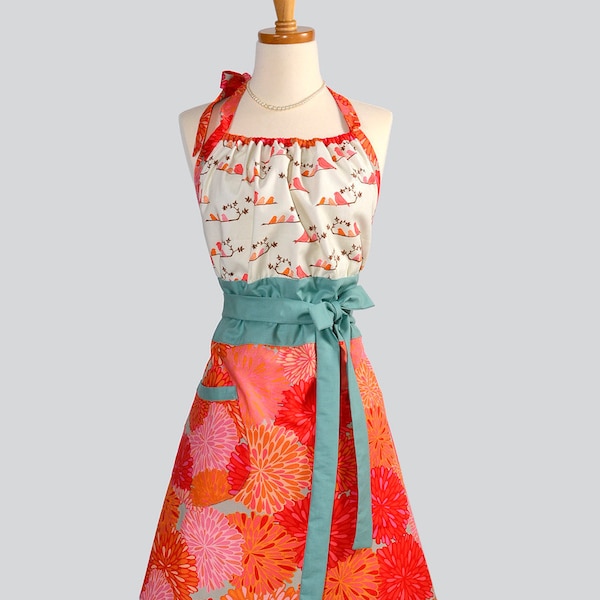 Cute Kitsch Retro Apron . Full Womens Apron Birds Perched on the Bodice Beautiful Shades of Mandarin Orange and Pinks