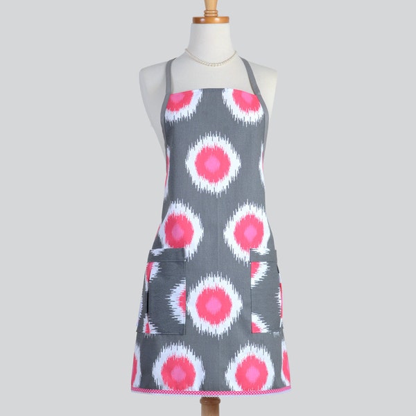 Apron Single Sided Vintage Chef Apron - Modern Coral and Gray Ikat Chef Apron with Large Pleated Pockets