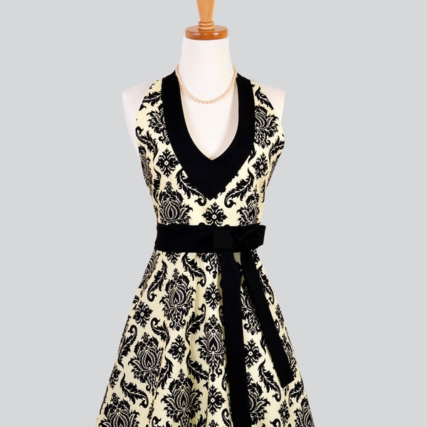 Sexy Womens Halter /  Halter Apron Features Black Fleur de lis Damask on Creamy Linen Color by Joel Dewberry