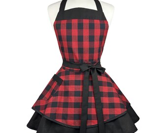 Red Buffalo Check Cute Aprons for Women - Personalized Mothers Day Gift for Wife, Mom - Custom Embroidered Kitchen Apron with Flirty Skirts