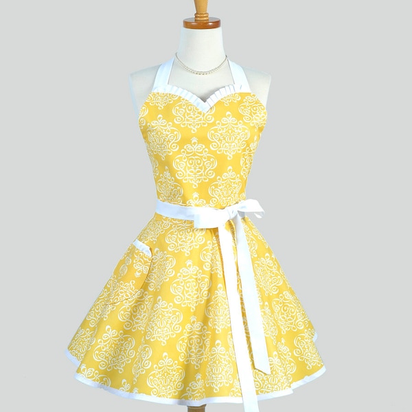 Sweetheart Retro Apron / Sexy Flirty Womens Apron in Taza Buttercup Yellow Damask Cute Full Kitchen Apron