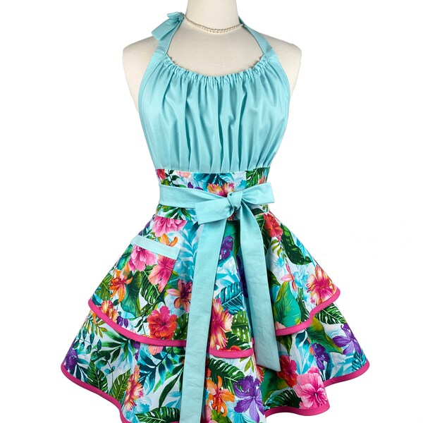 Blue Floral Sexy Aprons for Women - Personalized Gift for Girlfriend, Wife - Tropical Summer Cute Apron with Frilly & Flirty Skirts