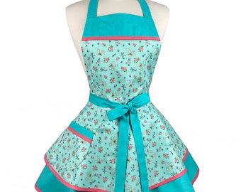 Womens Blue Floral Cute Retro Apron - Personalized Gift for Wife - Flirty Sexy Apron for Cooking - Custom Embroidered LAST ONE!