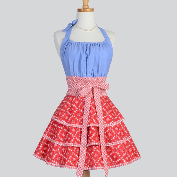 Flirty Chic Apron . Blue Chambray Denim Red Bandana Three Layer Flirty Skirt Cute Retro Womens Apron Cute Flirty Chic Apron