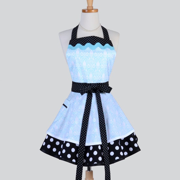 Ruffled Retro Apron - Woman Apron Tiffany Blue Damask Black Dots Cute Kitchen Apron Wedding Apron Personalize or Monogram