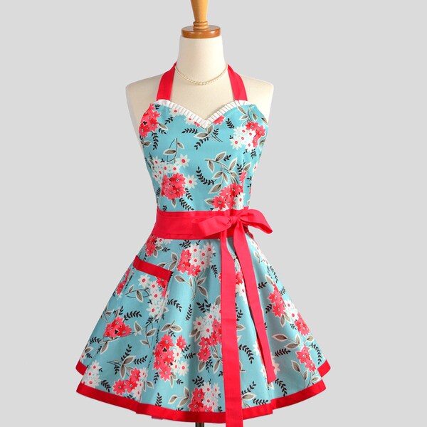 Sweetheart Retro Apron / Flirty Retro Womens Apron Turquoise Red and White in Flea Market Fancy