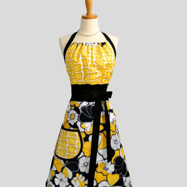 Cute Kitsch Apron : Handmade Modern Design in Black White and Yellow Floral with Butterfly