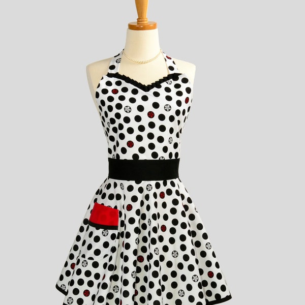 Womens Sweetheart Hostess Apron : Cute Retro Ruffled Sweetheart in Black and White Polka Dot with Red Waist Ties