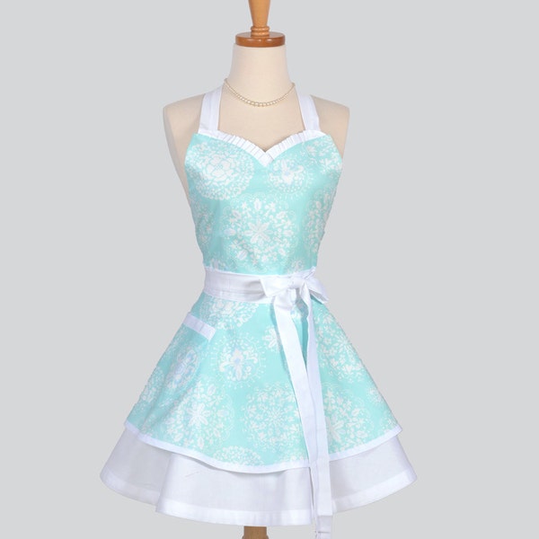 Süße Retro Schürze / weichen Aqua Blue Damask Schneeflocke Design Stoff ist eine niedliche Urlaub Retro Womens Schürze