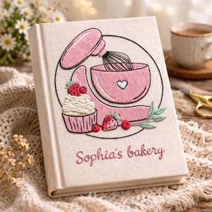 Cuaderno de repostería bordado personalizado, diario A5 bordado a mano, regalo de cocina con temática de panadería, regalo para panaderos.