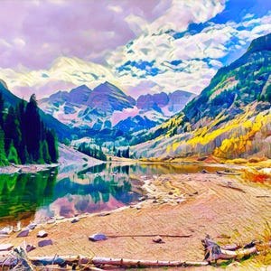 Aspen Colorado Maroon Bells, Digital Download, Mountain Art, Photo Painting, Fall Colors