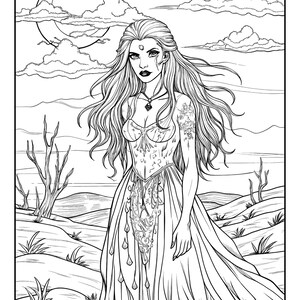 May include: A black and white line drawing of a woman with long flowing hair standing in a desert landscape. She is wearing a long dress with intricate details and a necklace. The moon is visible in the sky.
